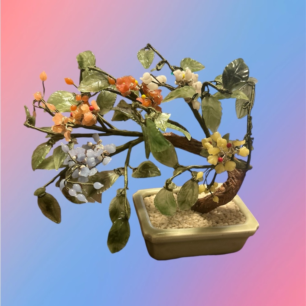 🪷Jade Glass Bonsai Tree in Celadon Planter Sculpture Multicolor Floral Vintage